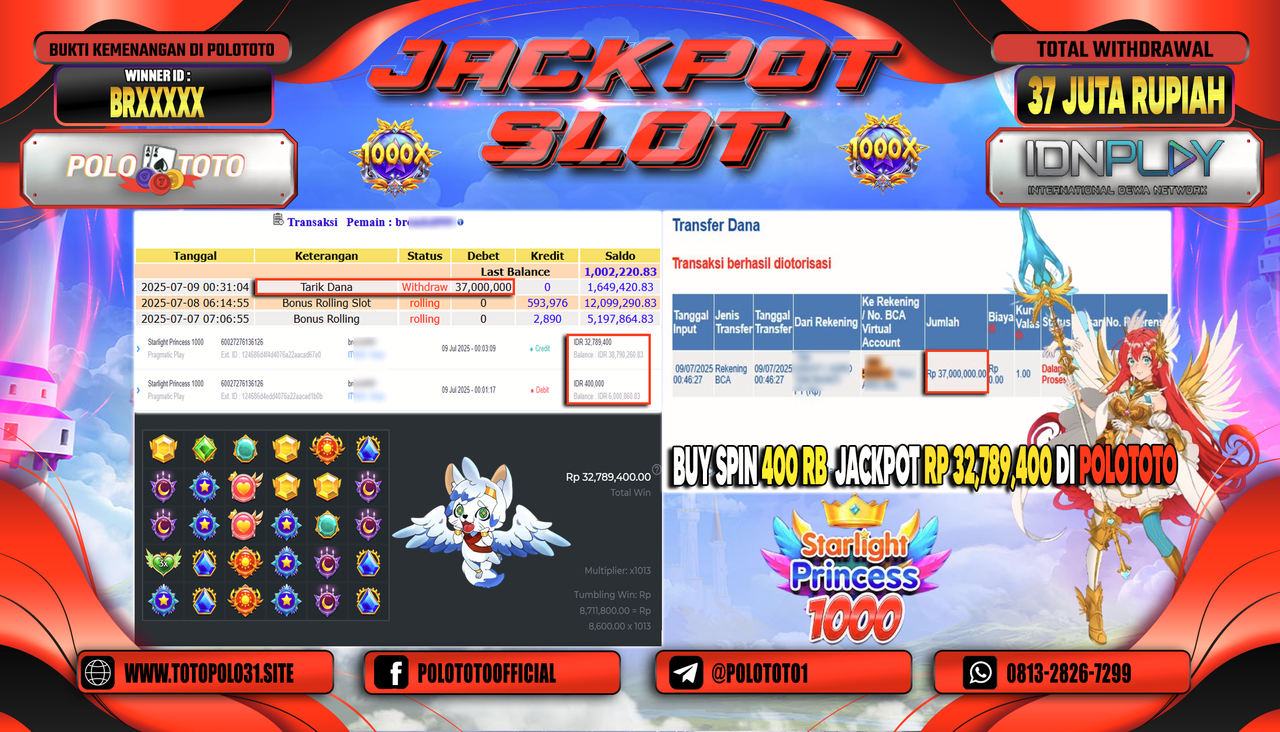 POLOTOTO JACKPOT SLOT STARLIGHT PRINCESS 1000 Rp.37.000.000,-