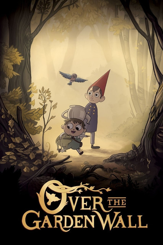 cartoon of two kids and a bird in a spooky forest with gorgeous painted backgrounds.