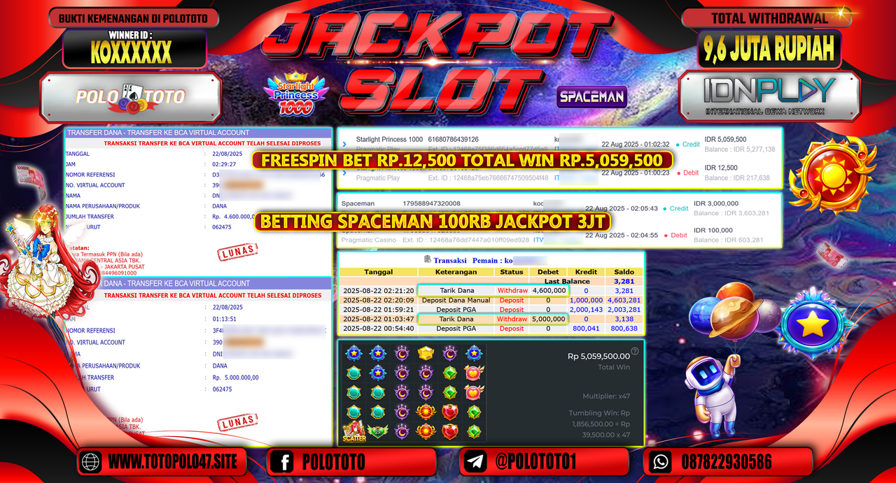 POLOTOTO JACKPOT SLOT SPACEMAN & SLOT STARLIGHT PRINCESS 1000 Rp.9.600.000,-