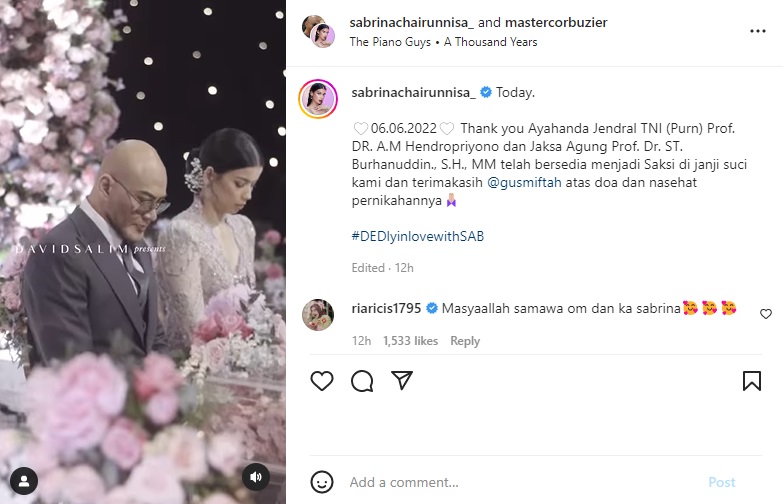 Deddy Corbuzier resmi menikah dengan kekasihnya, Sabrina Chairunnisa.