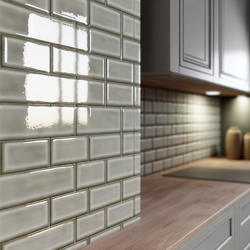 Современный кухонный фартук из плитки «кабанчик» в нейтральных тонах