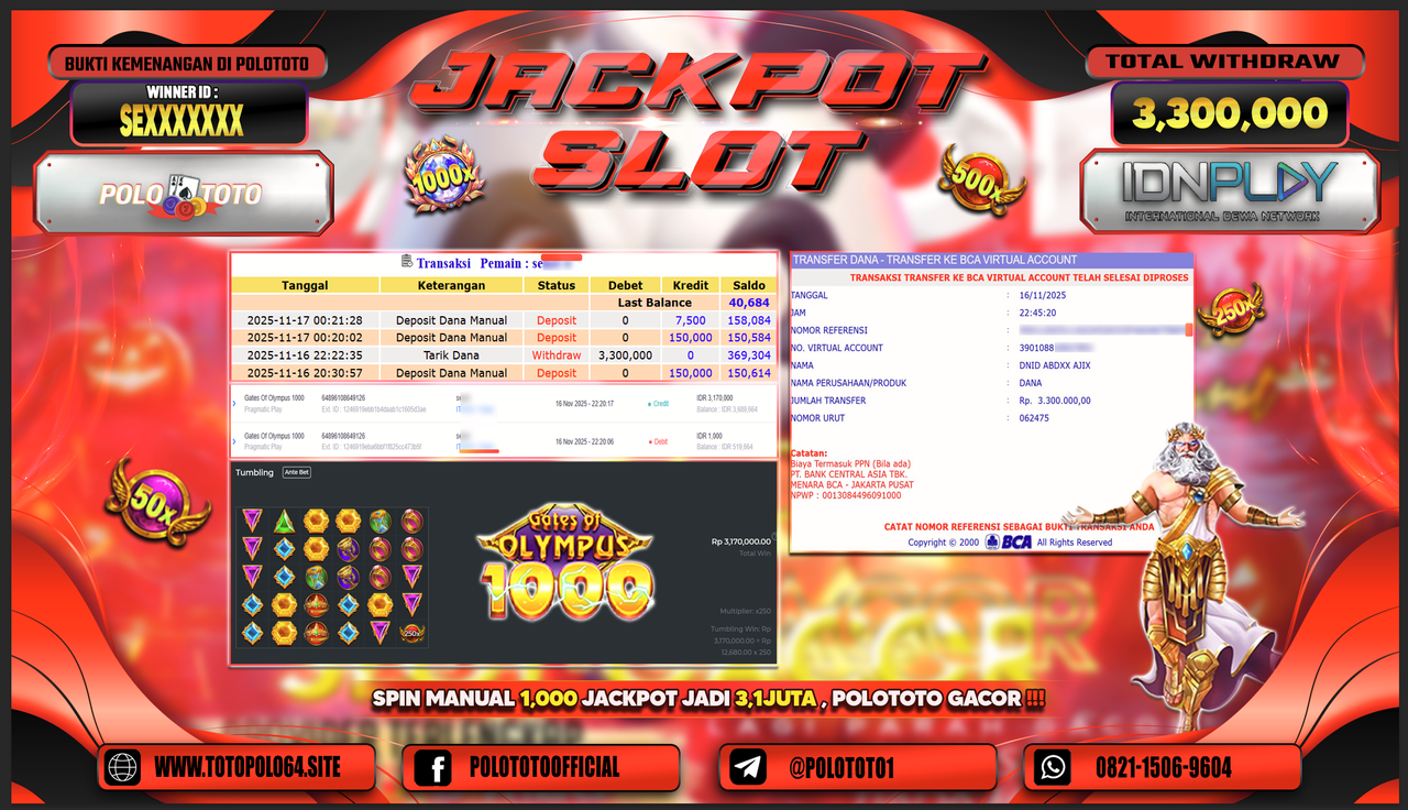 POLOTOTO JACKPOT SLOT GATES OF OLYMPUS 1000 Rp.3.300.000,- LUNAS
