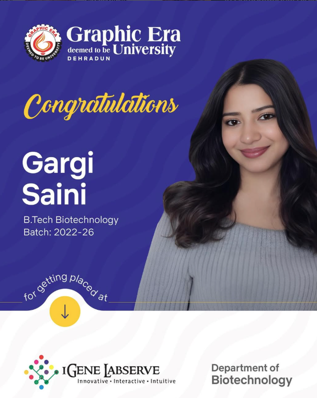Congratulations to Gargi Saini on Securing Placement at iGene Labserve