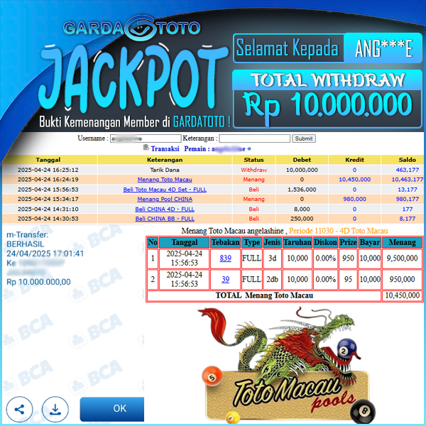 JACKPOT TOGEL DI PASARAN TOTOMACAU4D Rp 10.000.000,- DIBAYAR LUNAS!!!