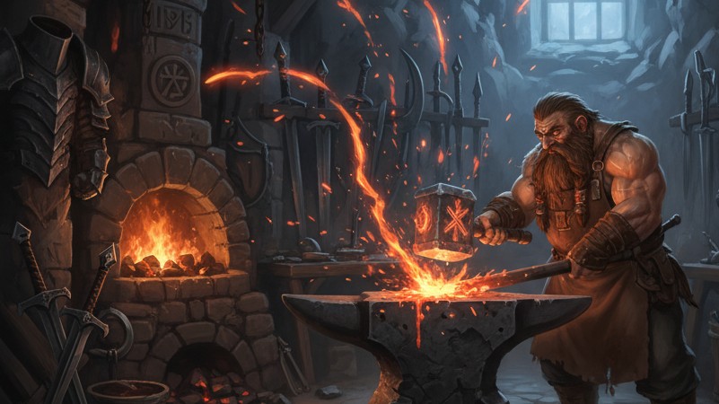 A fantasy blacksmith shop with a forge and tools.