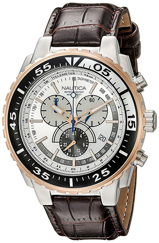 Nautica N14680G NST 700 Silver Dial Brown Leather Strap