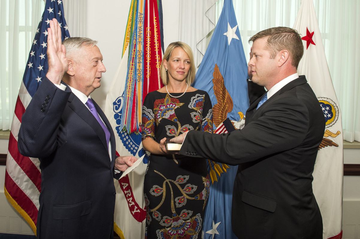 Defense Secretary Jim Mattis formally swears in Ryan D. McCarthy as the 33rd Under Secretary of the Army during a ceremony at the Pentagon in Washington, D.C., Sept. 5, 2017. The U.S. Senate confirmed McCarthy on Aug. 1, 2017. (Photo Credit: U.S. Army photo by Mr. John G. Martinez)