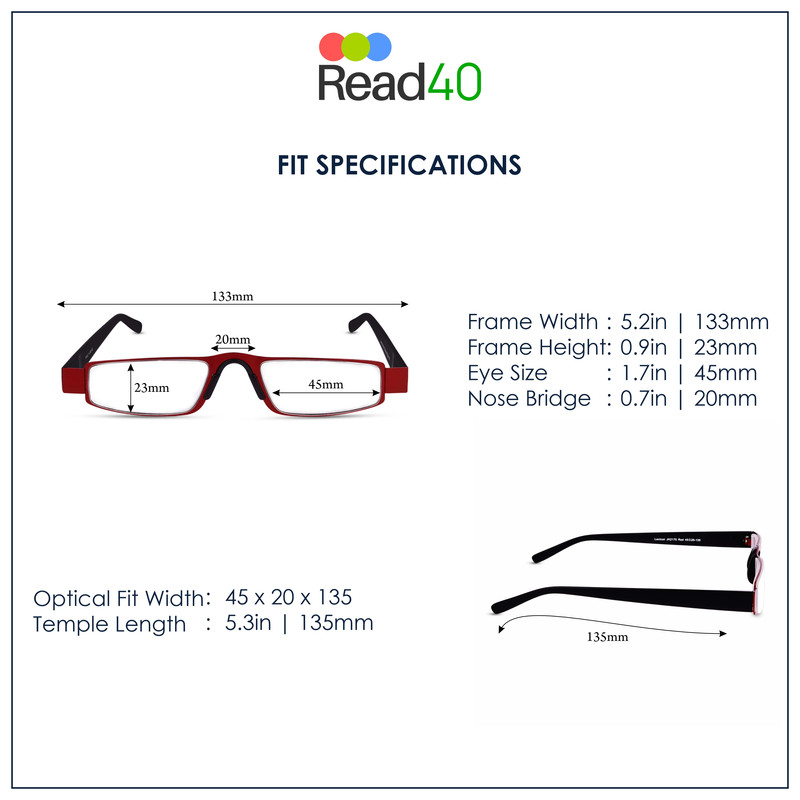 red rectangular blue light blocking reading glasses front view by read40 with clear lenses Scale