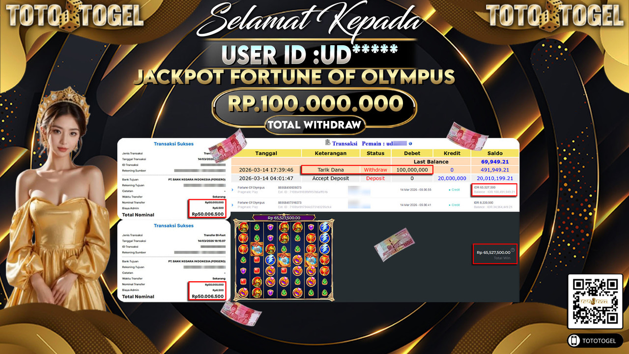 Bukti Pembayaran Jackpot Permainan Slot Fortune Of Olympus ID:UD*****LUNAS