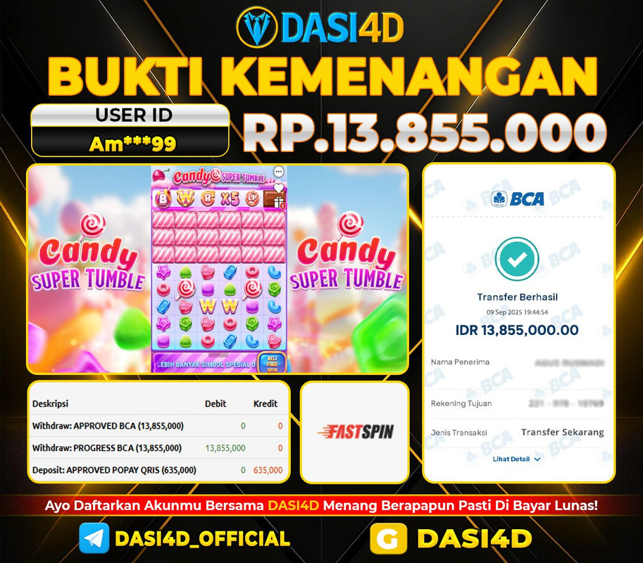 BUKTI KEMENANGAN 09 SEPTEMBER  2025 DI  CANDY SUPER TUMBLE RP 13.855.000