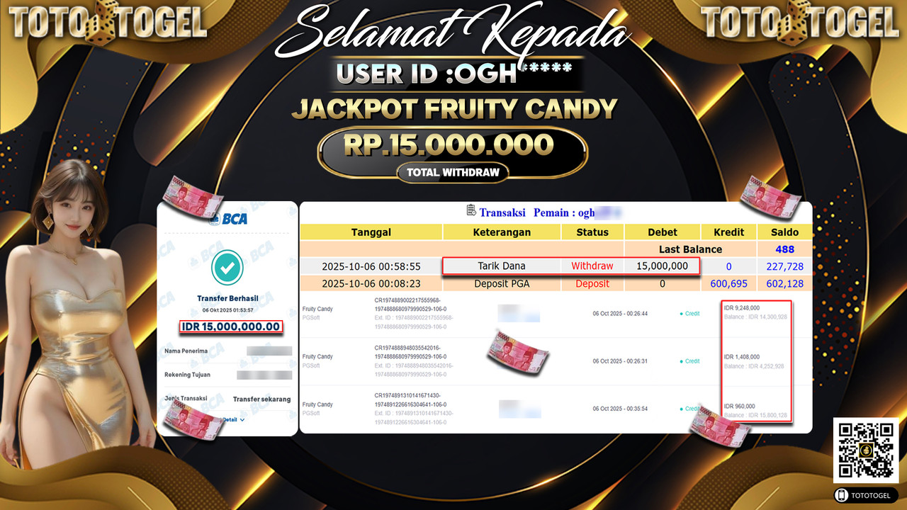 Bukti Pembayaran Jackpot Permainan Slot Fruity Candy ID:OGH*** LUNAS