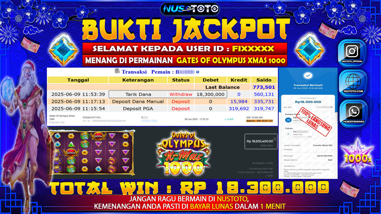 JACKPOT !! MENANG BESAR DI SLOT GATES OF OLYMPUS XMAS 1000 Rp. 18.300.000 LANGSUNG DI BAYAR LUNAS NUSTOTO !!