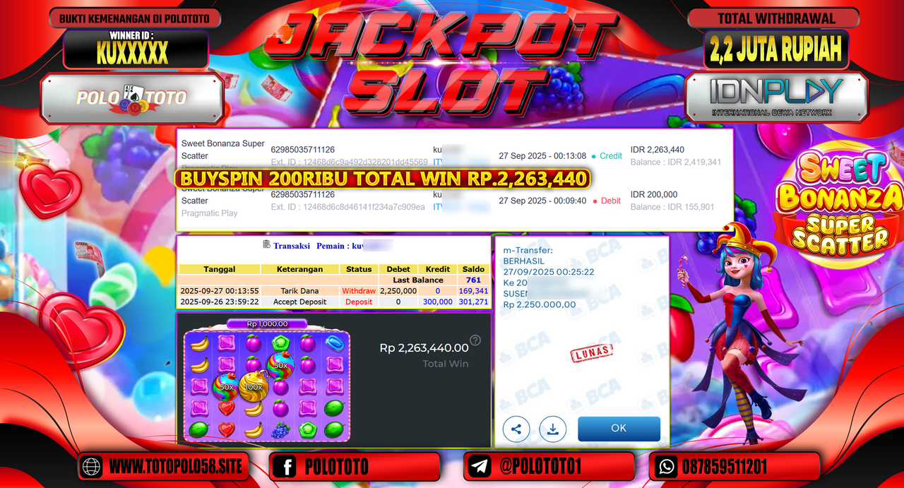 POLOTOTO JACKPOT SLOT SWEET BONANZA SUPER SCATTER Rp.2.200.000,- LUNAS