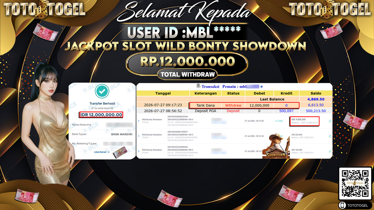 Bukti Pembayaran Jackpot SLOT WILD BONTY SHOWDOWN ID:MBL****LUNAS
