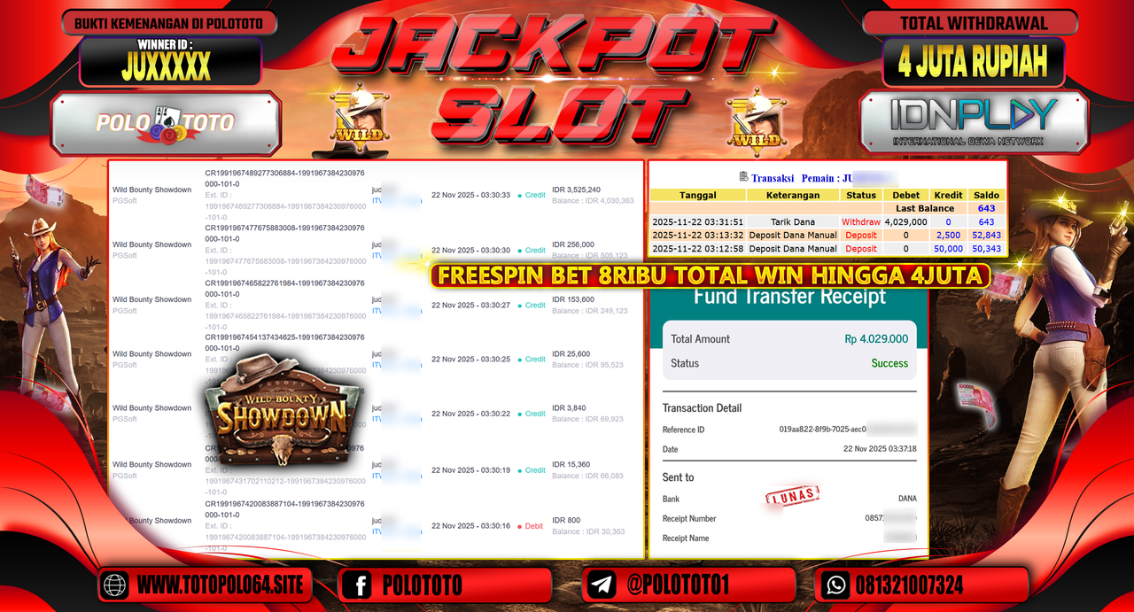 POLOTOTO JACKPOT SLOT WILD BOUNTHY SHOWDOWN Rp.4.000.000,- LUNAS
