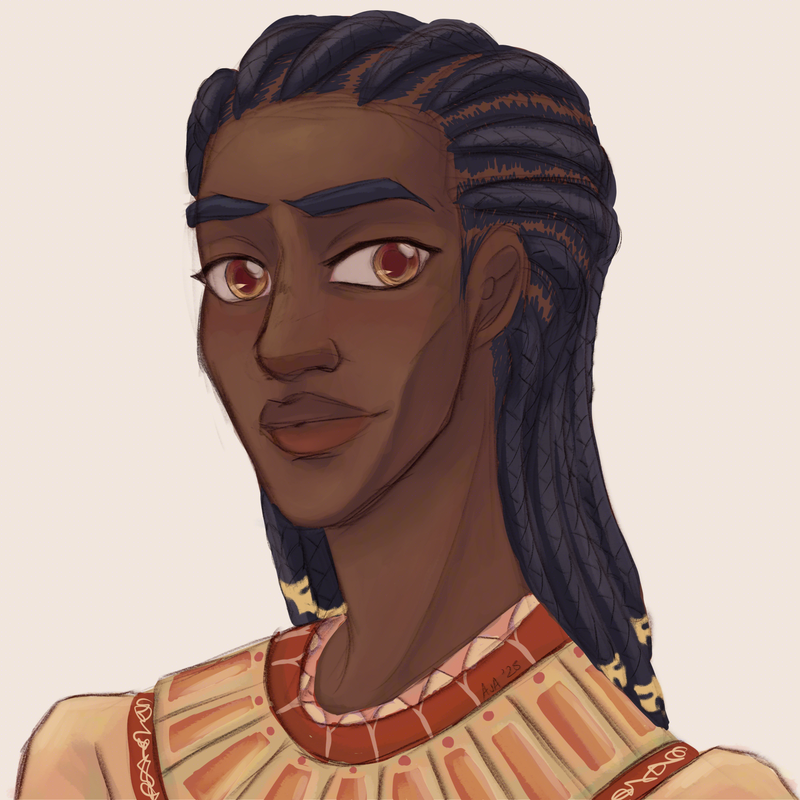 The angel Michael, who has dark brown skin, orange-golden eyes, and dark blue hair styled in corn rows and gold caps on the ends, dressed in a gold robe with red-orange details across the chest and collar.