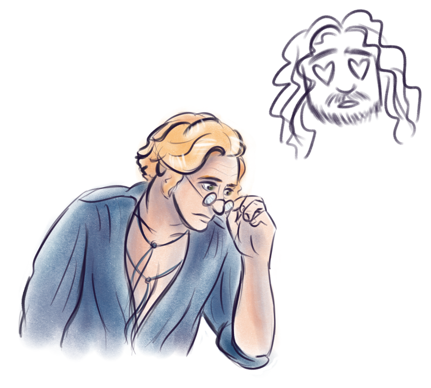 An image of Stede peering over the rims of his eyeglasses. He is wearing a lowcut blue shirt with ties loosened at the chest. Above him is a black and white sketch of Ed with heart eyes.