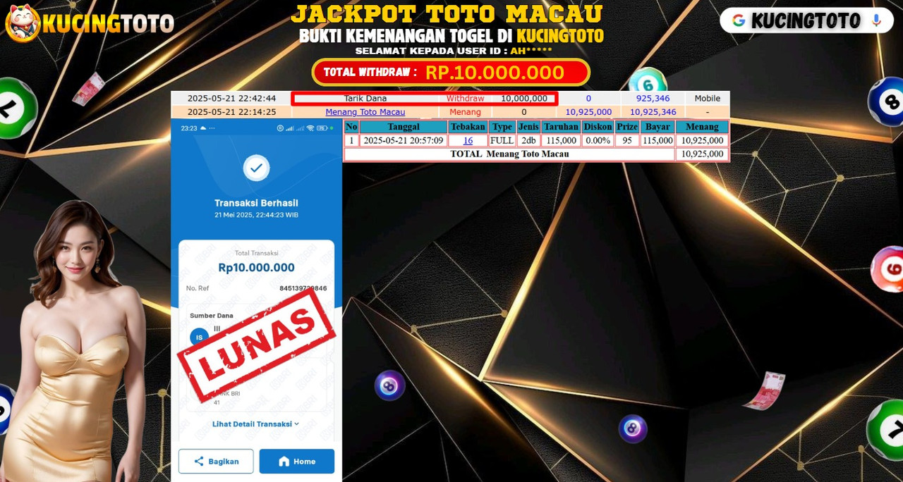 KUCINGTOTO JACKPOT TOGEL TOTO MACAU RP.10.000.000.,- LUNAS