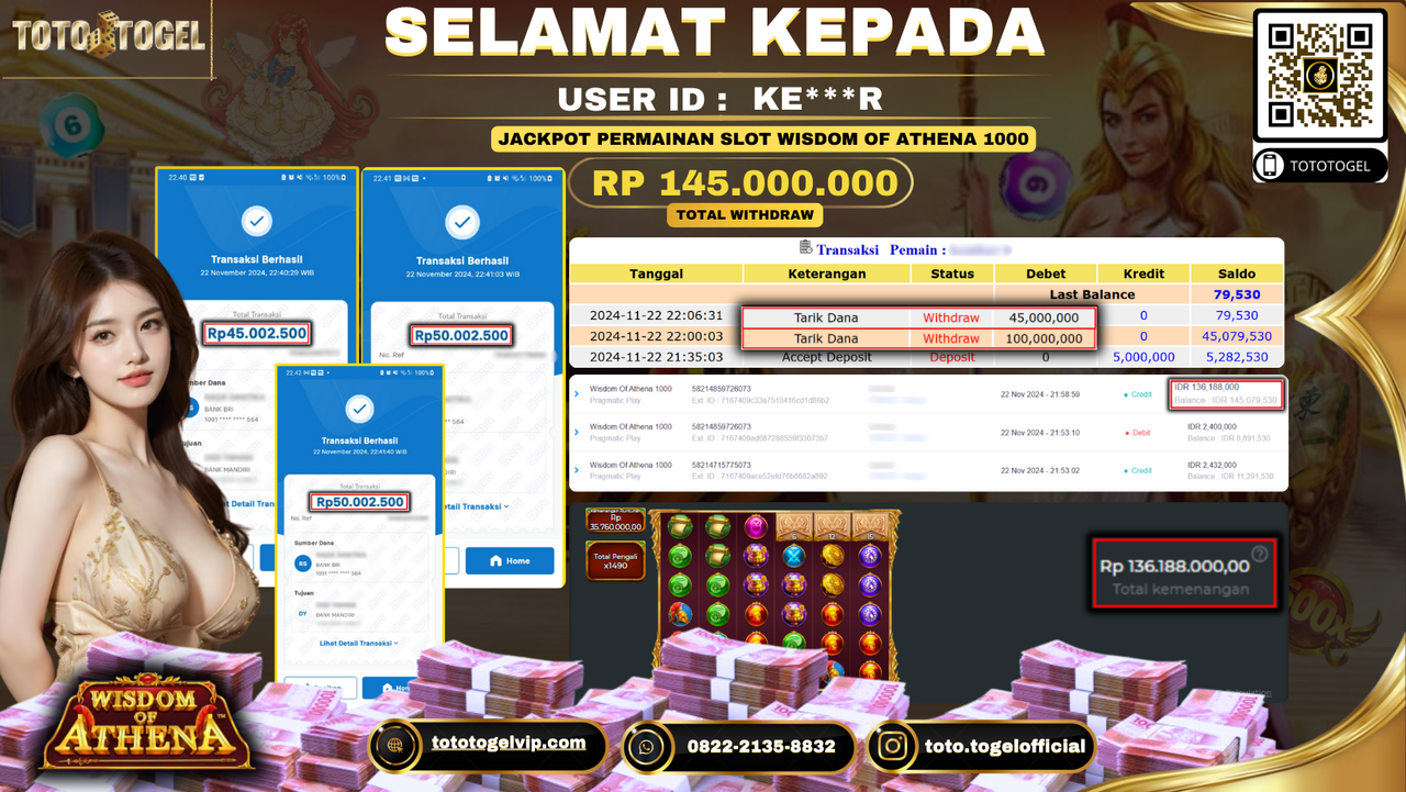 Bukti Pembayaran Jackpot Permainan Slot Wisdom Of Athena 1000  ID: K***R LUNAS 