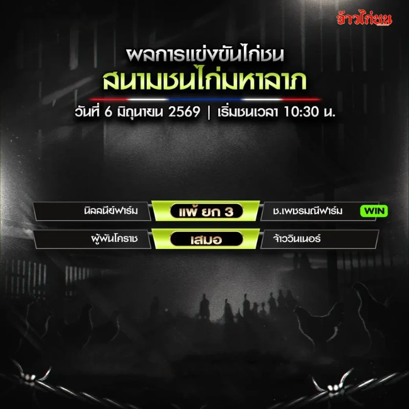 สรุปผลไก่ชน สนามชนไก่มหาลาภ 6 มิถุนายน 2026
