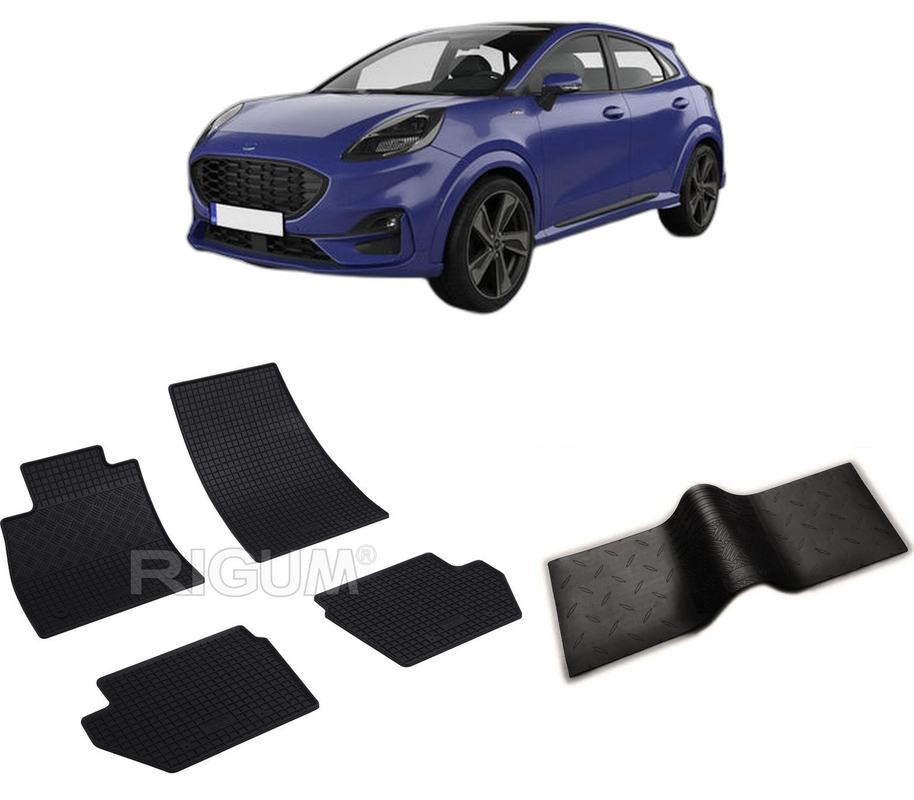 Set covorase auto FORD PUMA din 10.2019-PREZENT, cu covoras tunel median, CAROSERIE SUV, Presuri cauciuc 100%, compatibil cu autoturismul FORD PUMA, Rigum