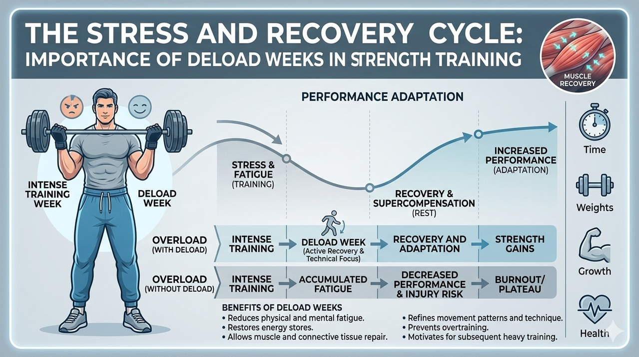 Diagram showing stress and recovery cycle for importance of deload weeks in strength training