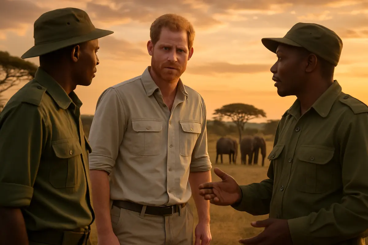 Prince Harry in safari gear, rangers and elephants in the Chadian savannah at sunset