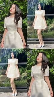 CA1133-Đầm dự tiệc cổ tròn đính đá khoét vai 🌵40-70KG🌵🌸 tafta vân đá🌸 bigsize kem đen xòe chữ A cao cấp dự tiệc cưới LUCY