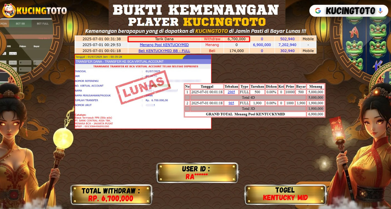 KUCINGTOTO JACKPOT TOGEL KENTUCKY MID RP.6.700.000.,- LUNAS