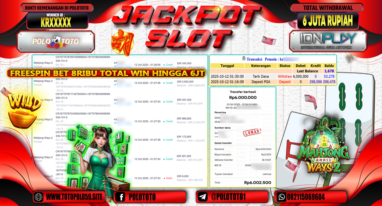 POLOTOTO JACKPOT SLOT MAHJONG WAYS 2 Rp.6.000.000,- LUNAS