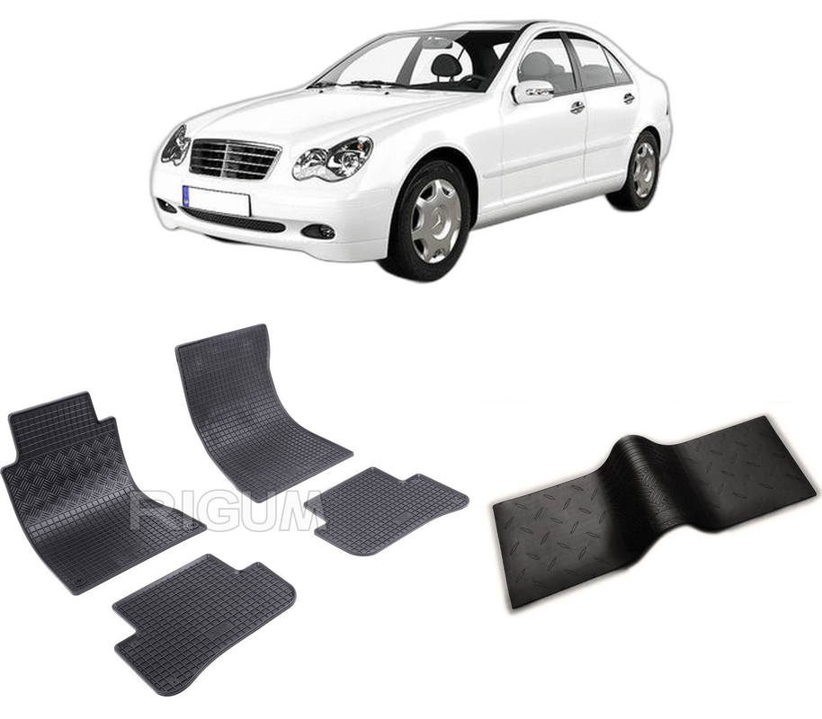 Set covorase auto MERCEDES C-CLASS W203 din 2001-03.2007, cu covoras tunel median, CAROSERIE SEDAN, Presuri cauciuc 100%, compatibil cu autoturismul MERCEDES C-CLASS W203, Rigum