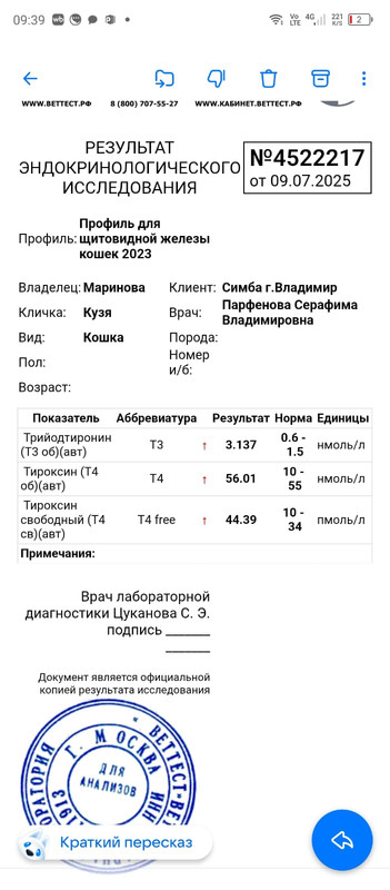 результаты анализов 09.07.2025