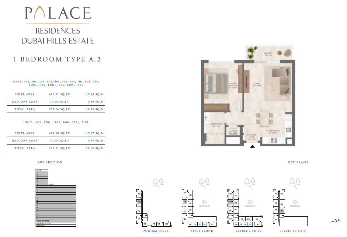 Palace Residences - Tower 1 1-BR apartment layout floorplan showcasing room dimensions, balcony placement and internal configuration for this Dubai Hills Distress Deal unit