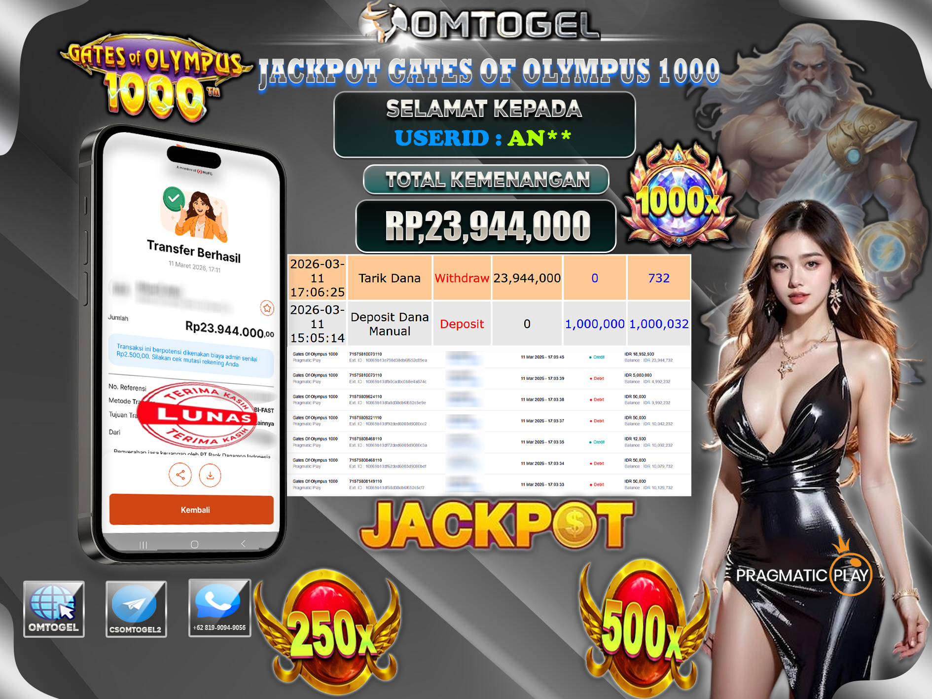 OMTOGEL JACKPOT PRAGMATIC PLAY GATES OF OLYMPUS 1000, 23 JUTA DI BAYAR LUNAS ,-