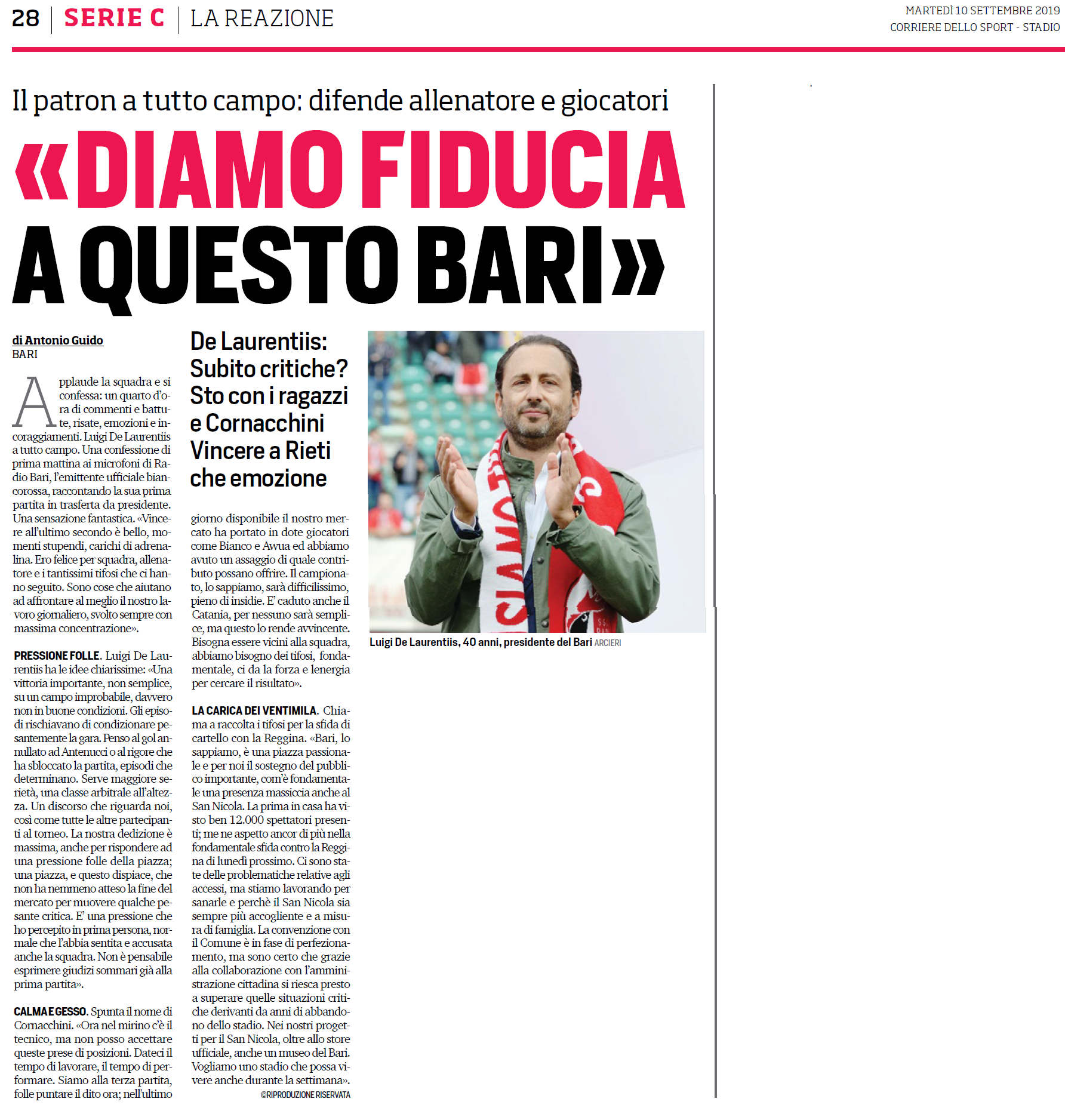 10/9/19 - CdS - LdL: "Diamo fiducia a questo Bari" Cds