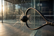 Squash racket striking a ball against a glass court wall at high speed