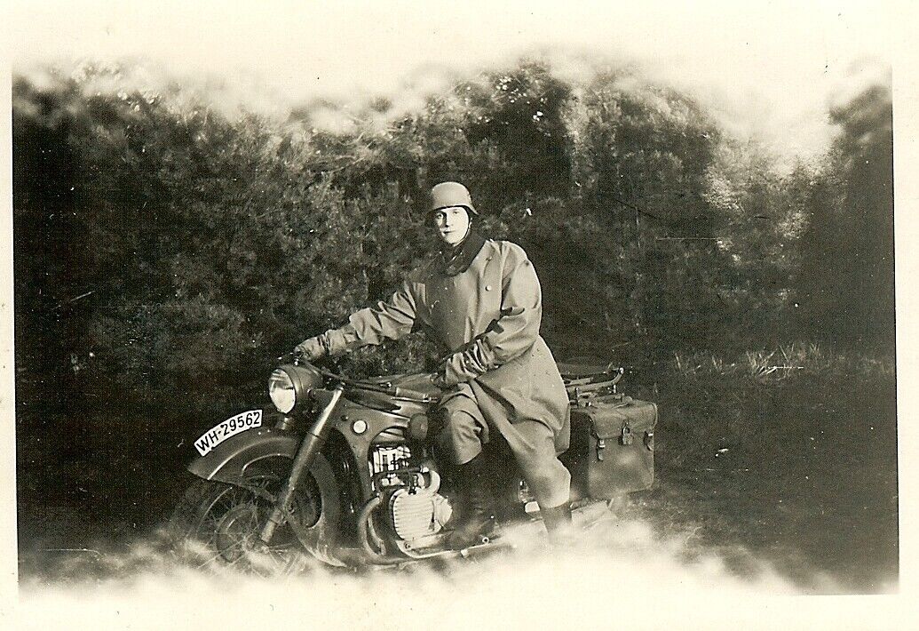 Helmeted Wehrmacht Kradmelder Posed on BMW Motorcycle (WH-29562)!!!