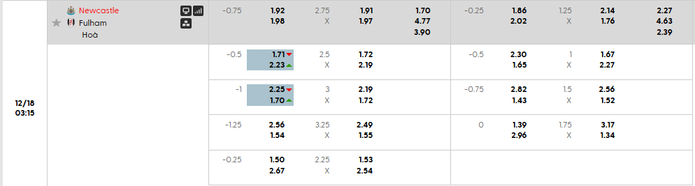 Tỷ lệ kèo châu Á Newcastle vs Fulham