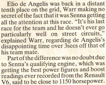 Peter Warr on Elio s Last Race Performance Gap (Autosport 7th November 1985)