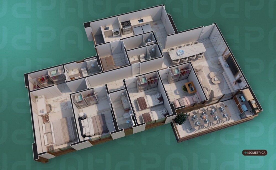 Planta isométrica do apartamento Palácio das Laranjeiras com distribuição inteligente