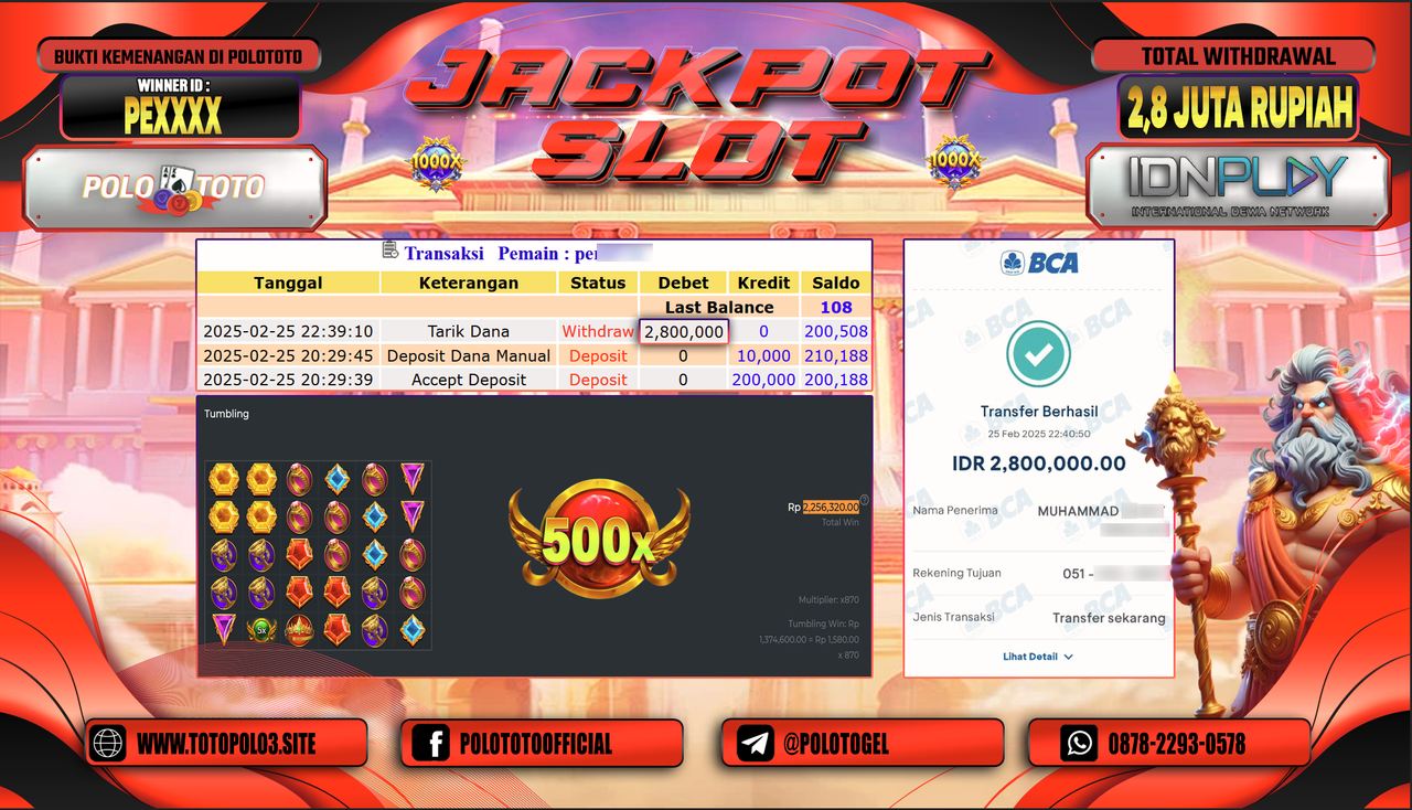 POLOTOTO JACKPOT SLOT GATES OF OLYMPUS 1000 Rp.2.800.000,-