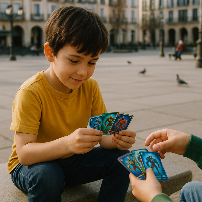Un niño en la plaza de Vitoria-Gasteiz cambiando cromos de cydroids con otros niños