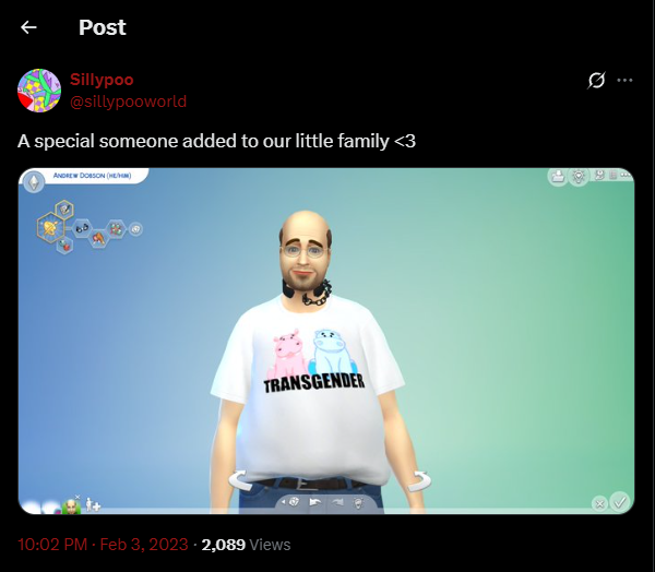 A rather unappealing balding and fat sims character who resembles Geigh in a teeshirt that says transgender with cartoon hippos in the trans colors and a strange chain necklace