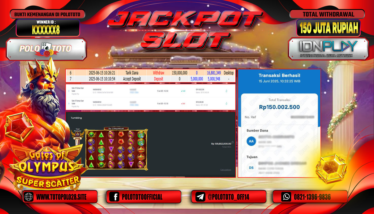 POLOTOTO JACKPOT SLOT GATES OF OLYMPUS SUPER SCATTER Rp.150.000.000,- LUNAS