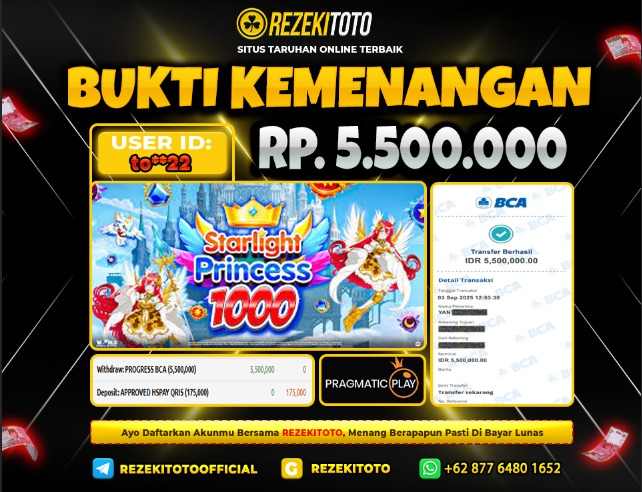 BUKTI KEMENANGAN 3 SEPTEMBER 2025 STARLIGHT PRINCESS 1000 5 JUTA 