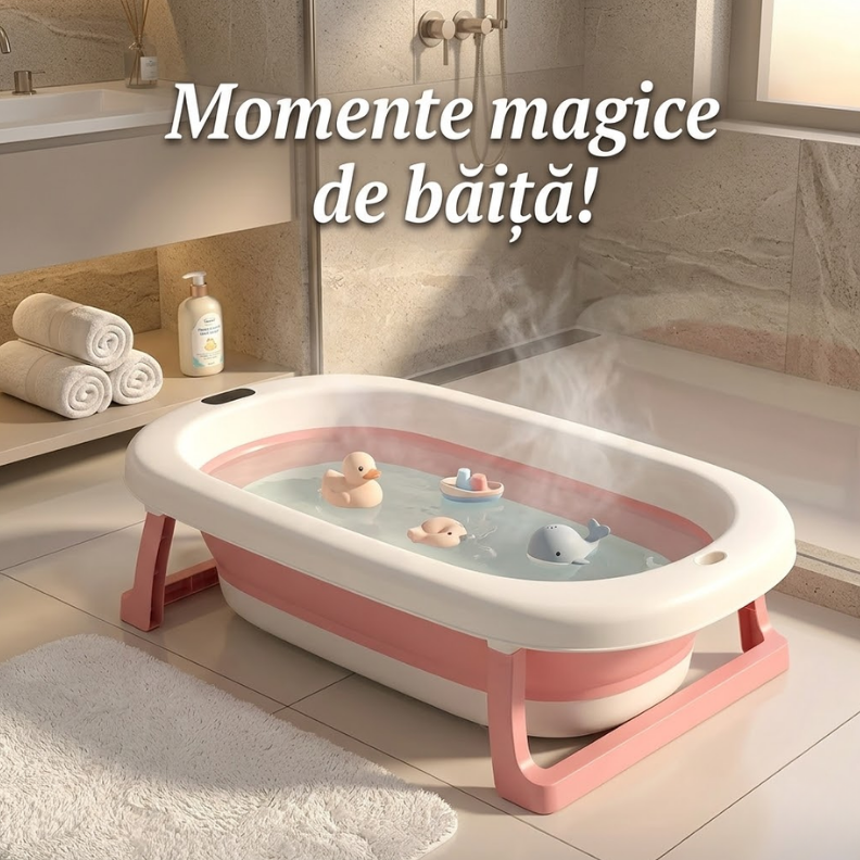 Cada de baie pliabila pentru bebelusi GALAXIA, culoare roz, cu perna