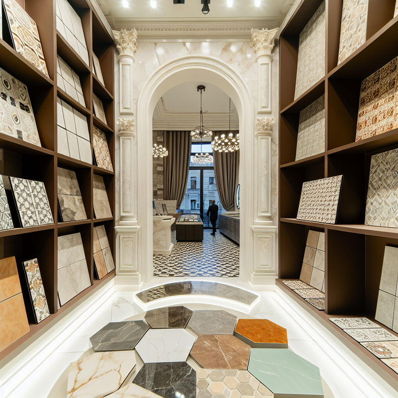 Интерьер современного шоурума плитки в Москве с разнообразными коллекциями, плитка на стенах и полу, вдохновляющий дизайн экспозиции