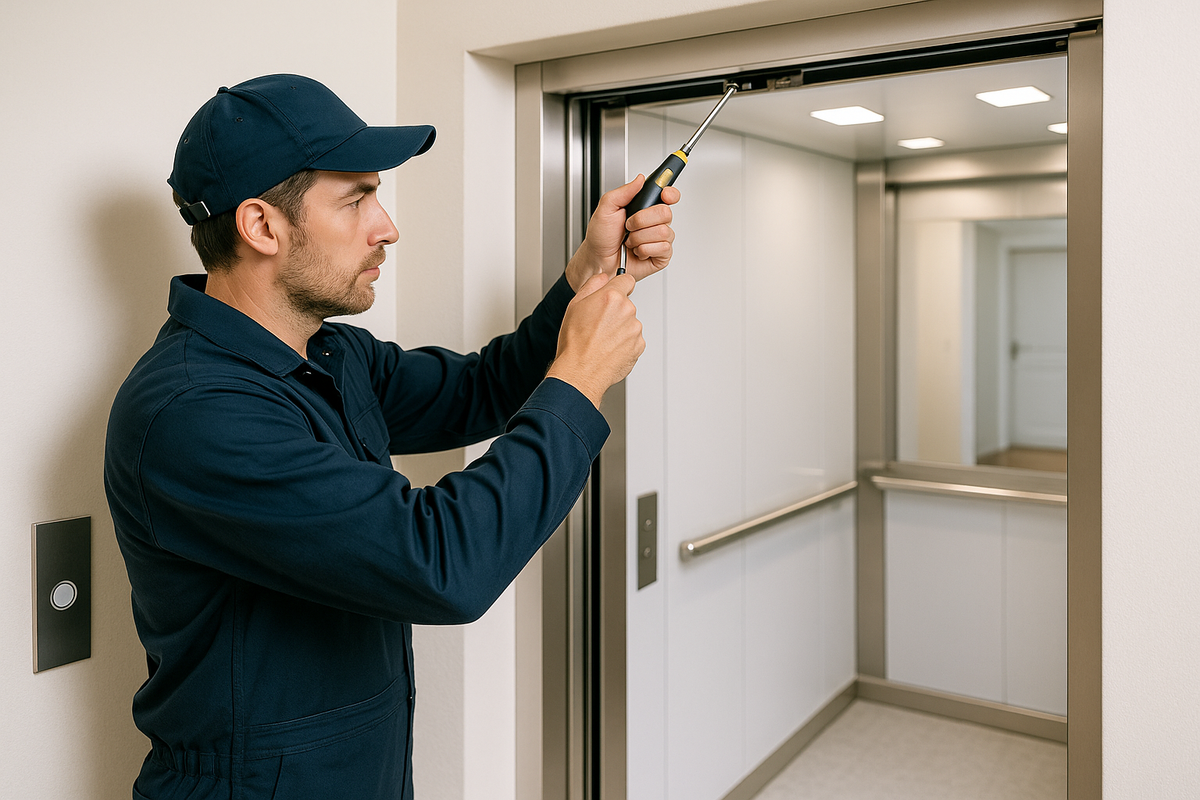 técnico realizando manutenção preventiva em elevador residencial