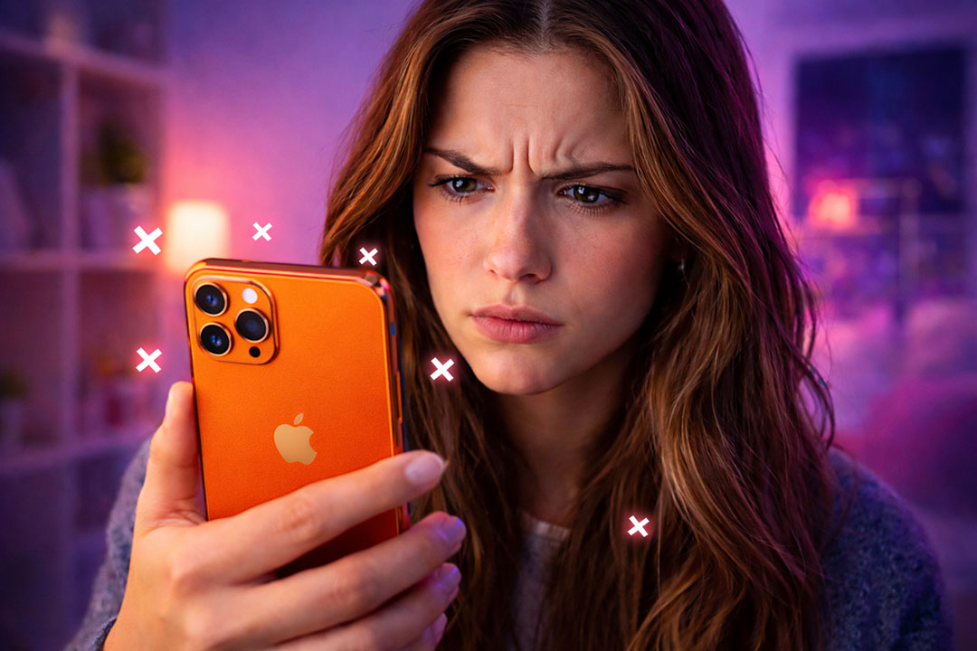 La ragazza che guarda il suo iPhone con errore