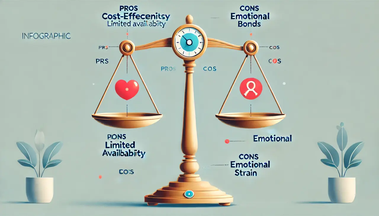 Infographic showing pros and cons of altruistic surrogacy, balancing cost and emotional factors.